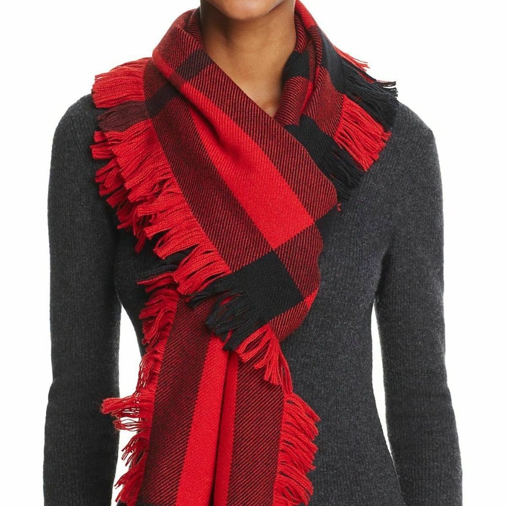 NWT BURBERRY HALF MEGA CHECK WOOL FRINGE SCARF